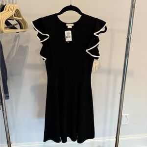 Shoshanna NWT Black knit fit & flare dress w/ White trim ruffle sleeve.
